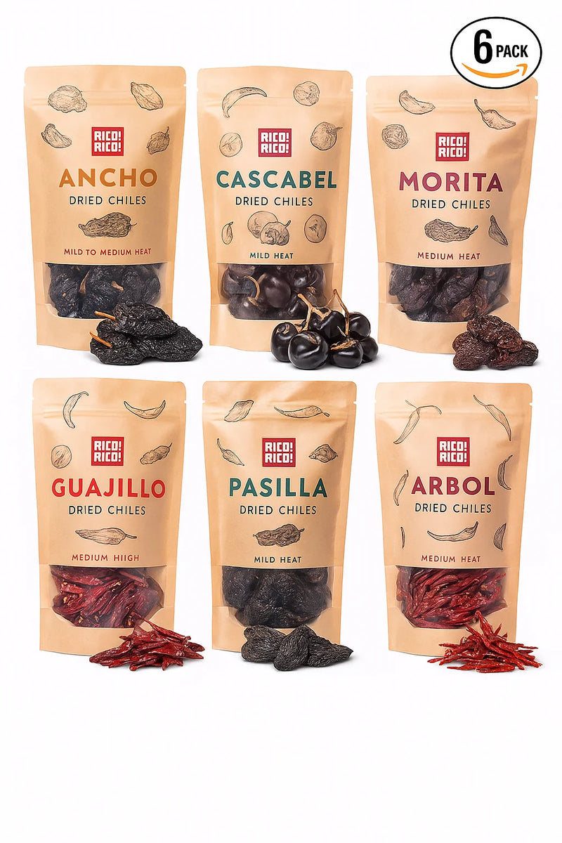 Dried Mexican Chiles 6-Pack – Ancho, Arbol, Guajillo, Pasilla, Morita & Cascabel