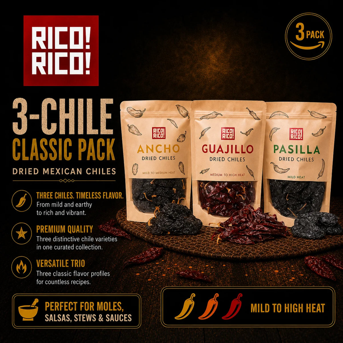 Dried Mexican Chiles 3-Pack – Ancho, Guajillo & Pasilla