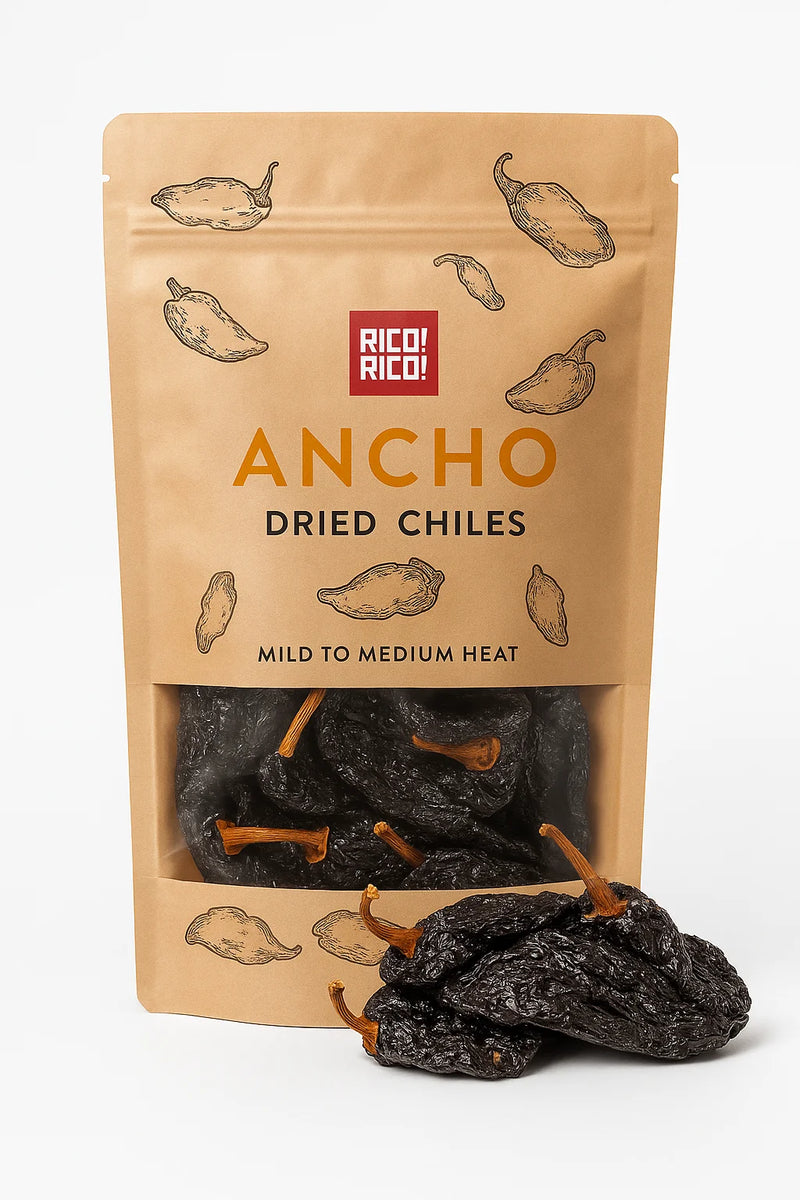Rico Rico ancho dried chiles in resealable pouch, mild to medium heat Mexican chili peppers.