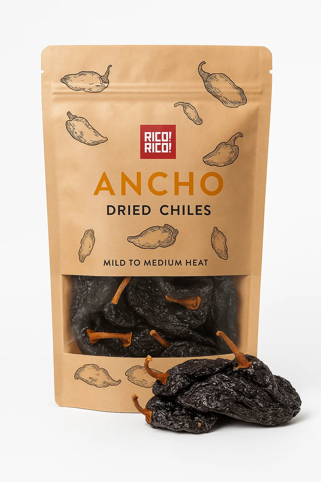 Rico Rico ancho dried chiles in resealable pouch, mild to medium heat Mexican chili peppers.