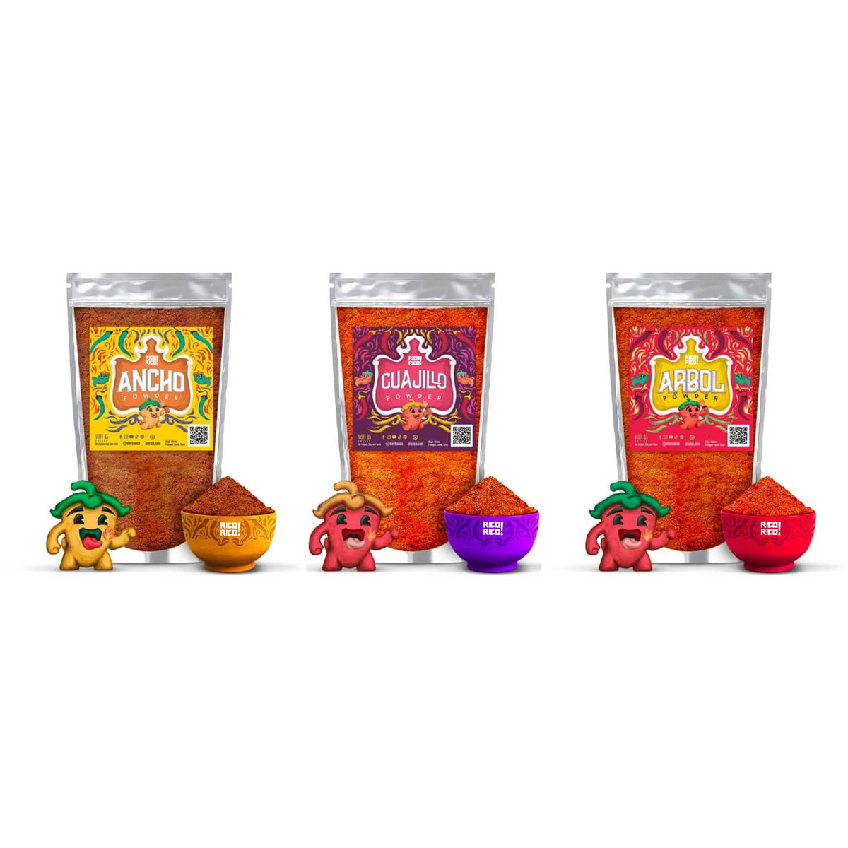 Ancho, Guajillo, and Árbol chili powder pouches by Rico Rico, authentic Mexican dried chili spices