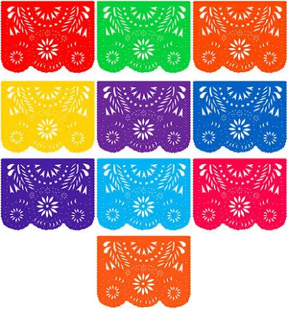 Colorful papel picado banners featuring traditional Mexican cut paper designs in vibrant colors.