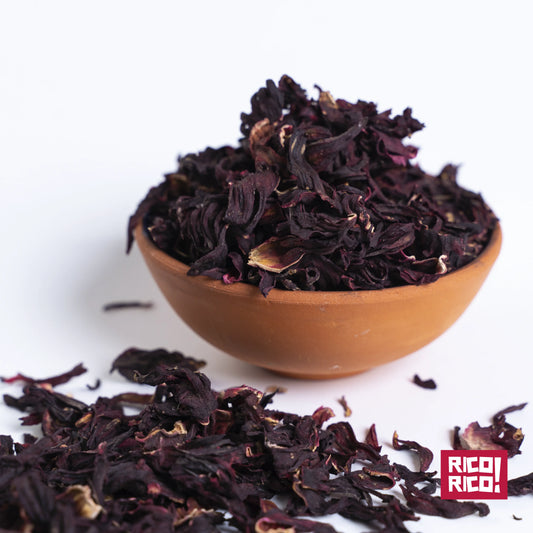 Rico Rico dried hibiscus flowers in bowl, premium quality, authentic Mexican ingredient for teas and recipes