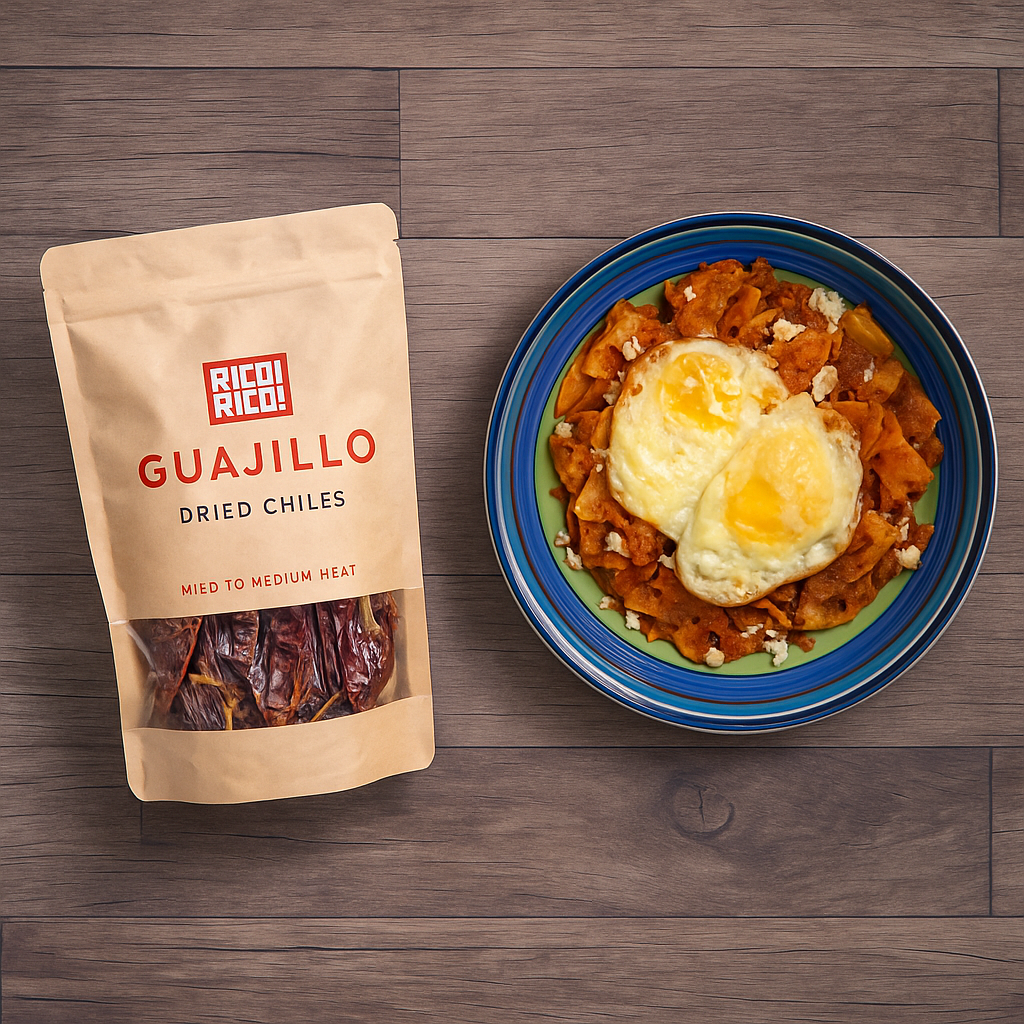 Mild to medium Guajillo dried chiles with traditional chilaquiles and eggs — 100% authentic Mexican flavor.

