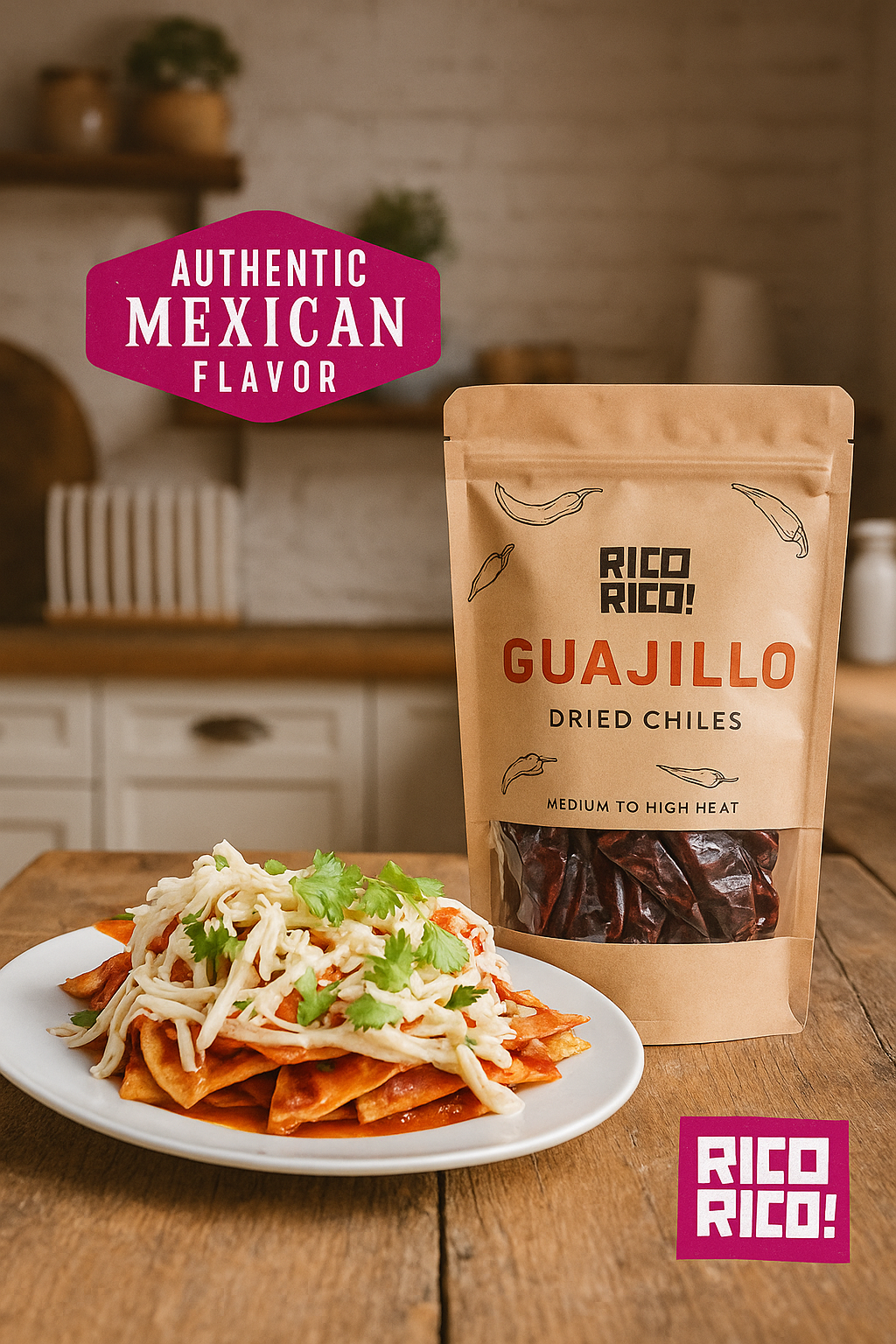 Dried Guajillo Chiles with chilaquiles — authentic medium-heat Mexican flavor from Rico Rico.

