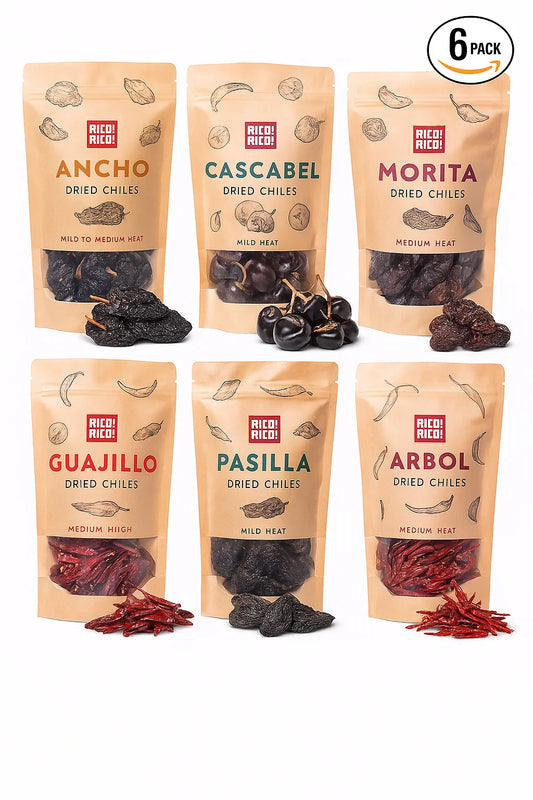 Rico Rico dried chiles variety pack featuring ancho, cascabel, morita, guajillo, pasilla, and arbol chiles for authentic Mexican cooking.