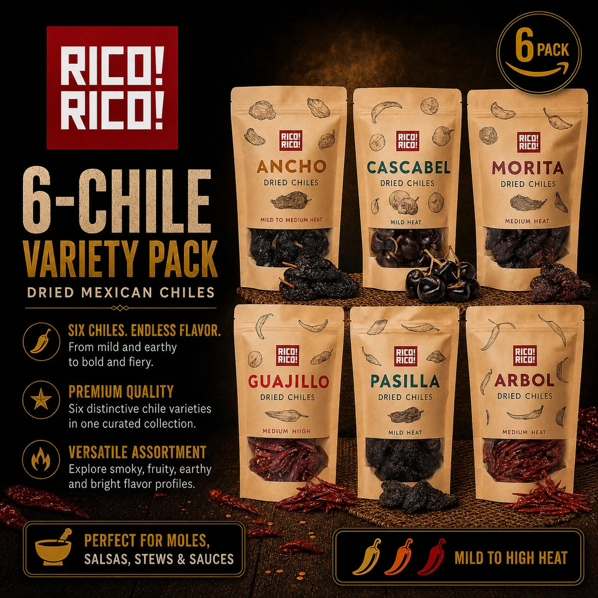 Dried Mexican Chiles 6-Pack – Ancho, Arbol, Guajillo, Pasilla, Morita & Cascabel