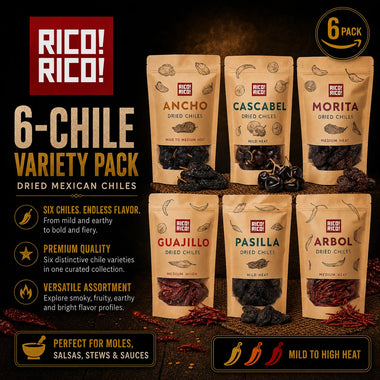 Dried Mexican Chiles 6-Pack – Ancho, Arbol, Guajillo, Pasilla, Morita & Cascabel