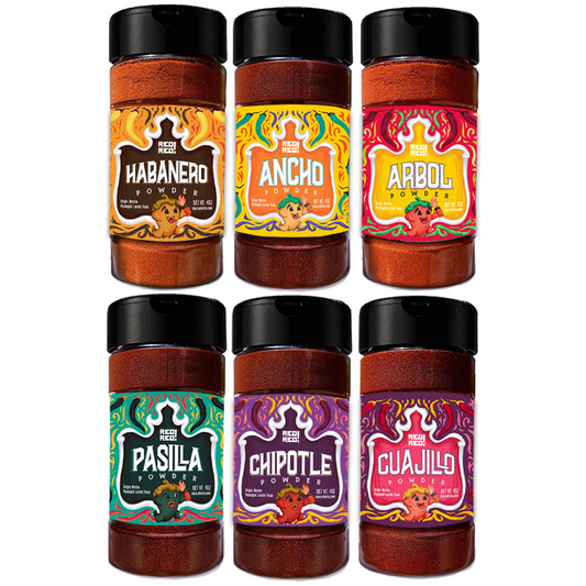 Rico Rico Mexican chili powder collection featuring habanero, ancho, arbol, pasilla, chipotle, and guajillo spices