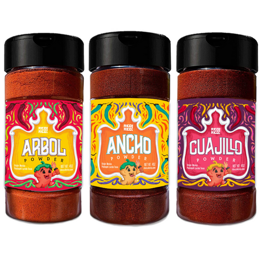 Rico Rico Mexican chile powder set featuring arbol, ancho, and guajillo spices in premium bottles
