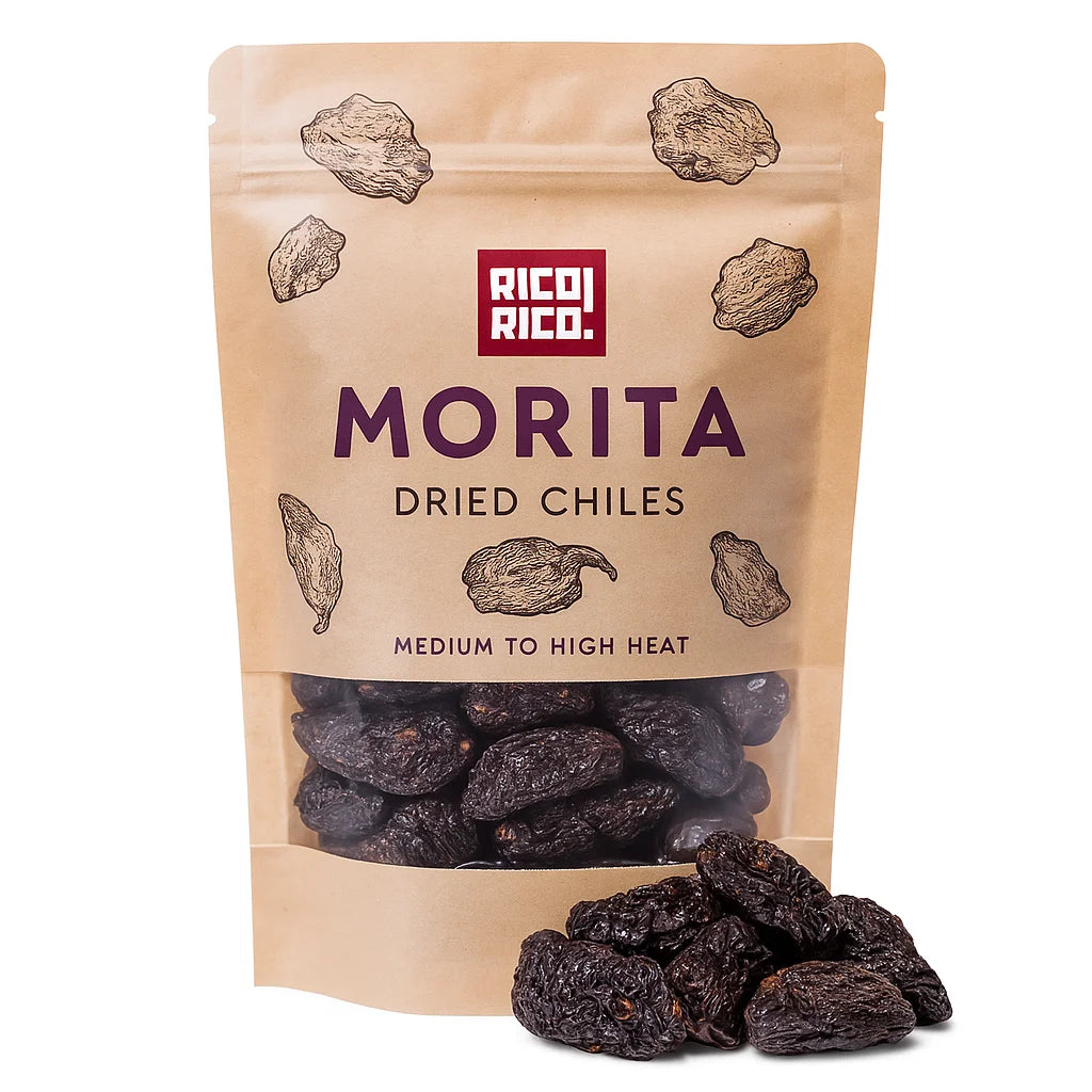 Rico Rico Morita dried chiles packaging with whole morita chiles, medium to high heat.