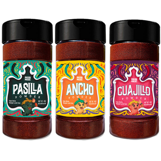 Pasilla, Ancho, and Guajillo chili powder bottles by Rico Rico, authentic Mexican dried chili spice set