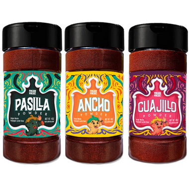Pasilla, Ancho, and Guajillo chili powder bottles by Rico Rico, authentic Mexican dried chili spice set