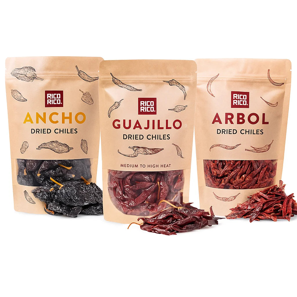 Rico Rico ancho, guajillo, and arbol dried chiles displayed together, authentic Mexican chiles.