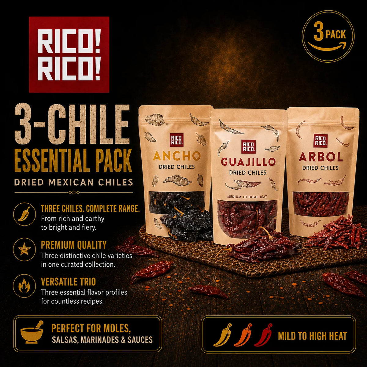 Dried Mexican Chiles 3-Pack – Ancho, Guajillo & Arbol Peppers