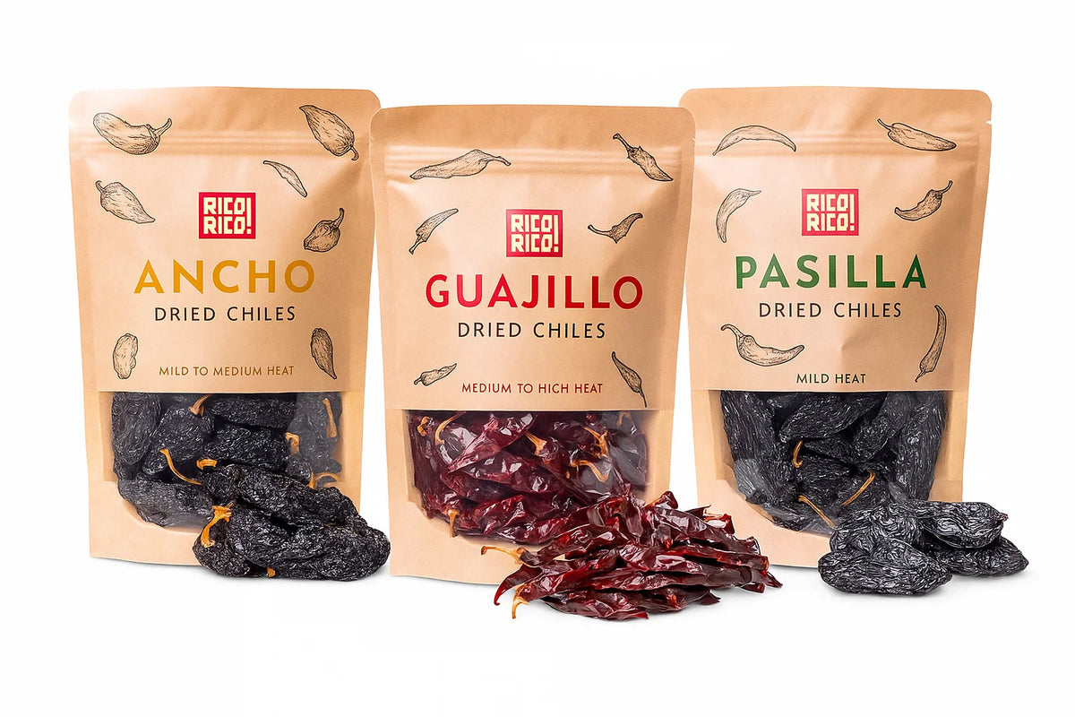 Rico Rico assortment of ancho, guajillo, and pasilla dried chiles showing different heat levels and textures.